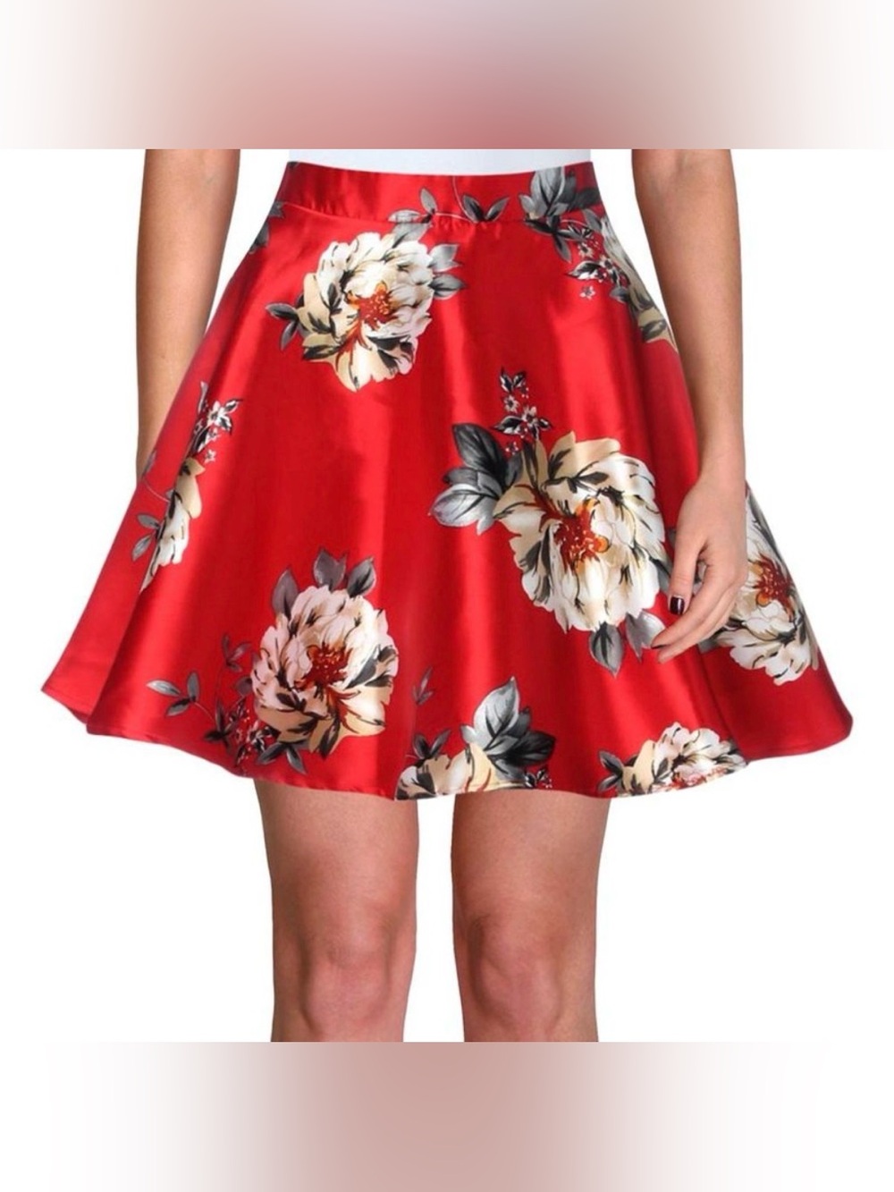 MACYS City Studio Red Satin Tulle Lined Floral Full Circle Flare Mini Skirt
